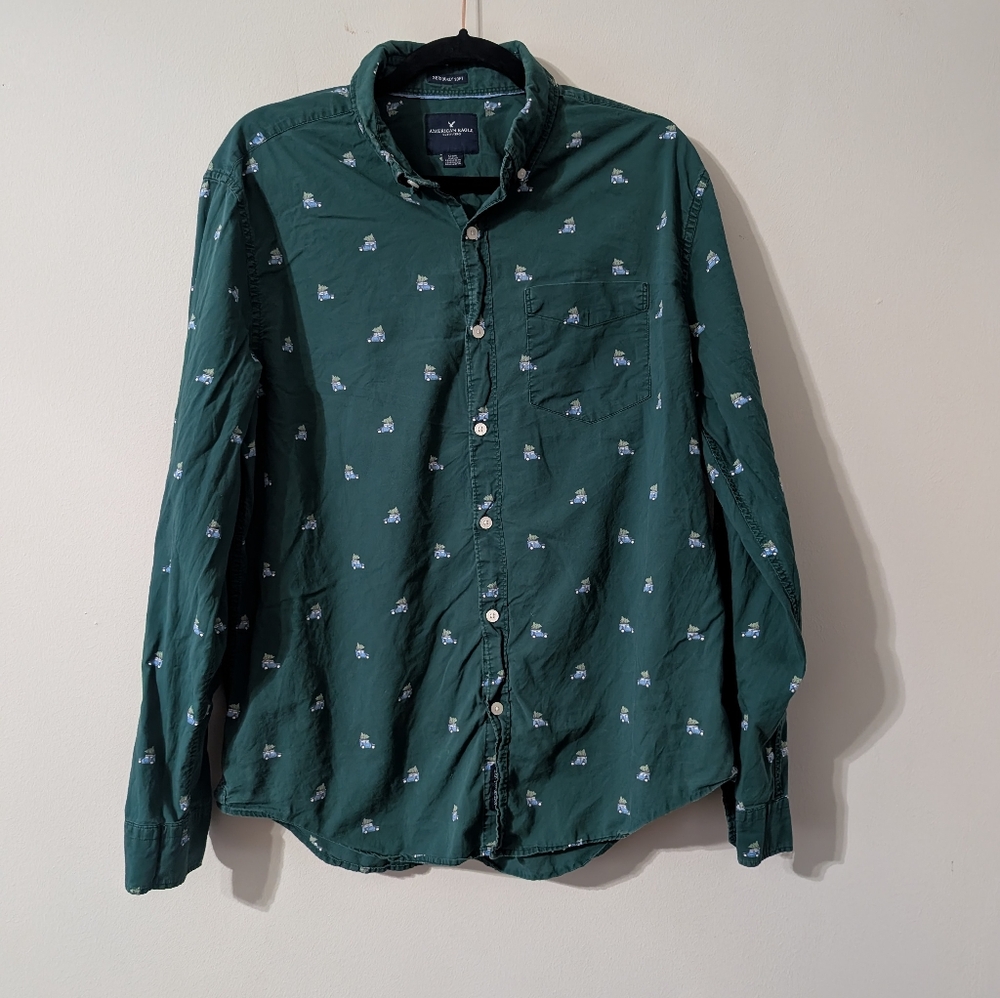 American Eagle Seriously Soft Long Sleeve Shirt Large Green Shirt Car Pattern